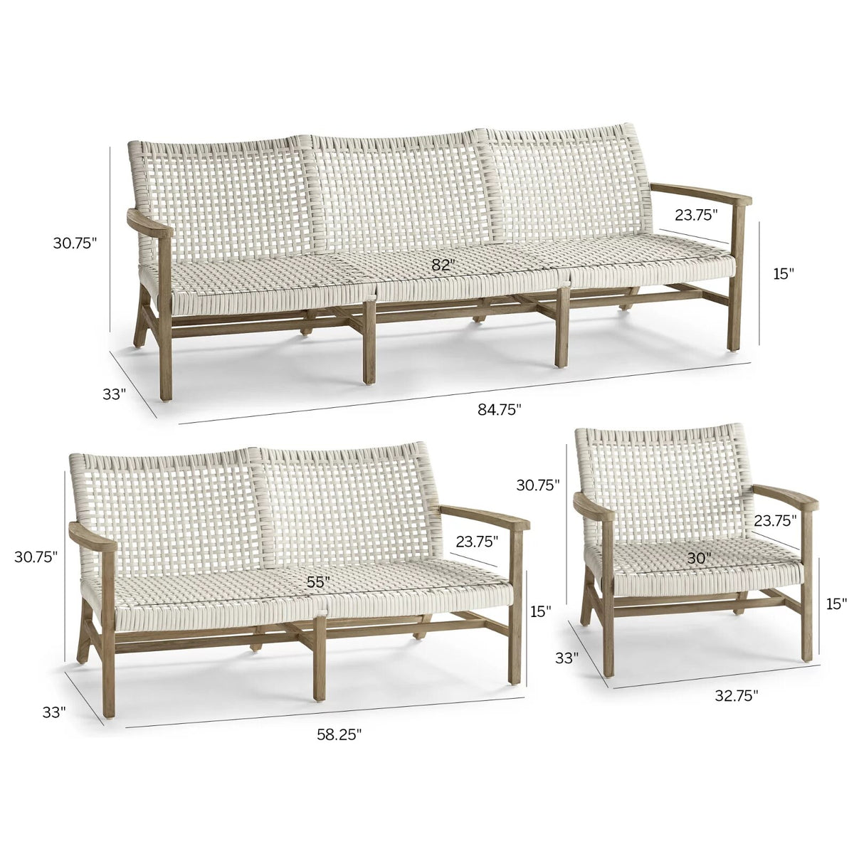 Isola 3-pc. Sofa Set in Weathered Teak & Washed White Wicker