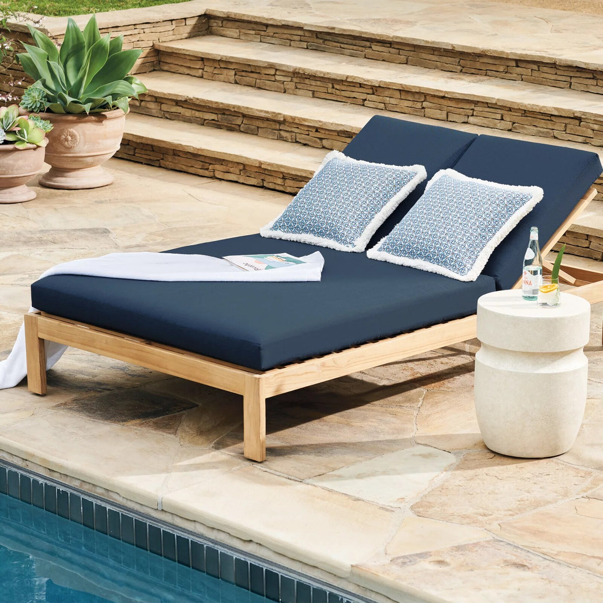 Calhoun Double Chaise Lounge with Cushions in Natural Teak